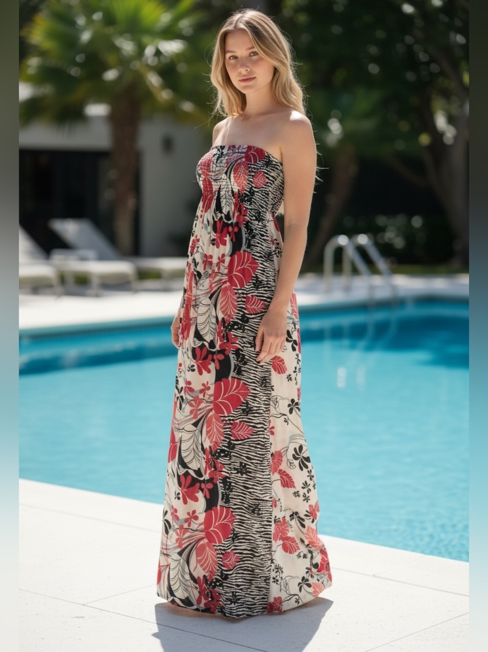 Forever 21 Coral Red, Black and Cream Tropical Floral Pattern Maxi Dress